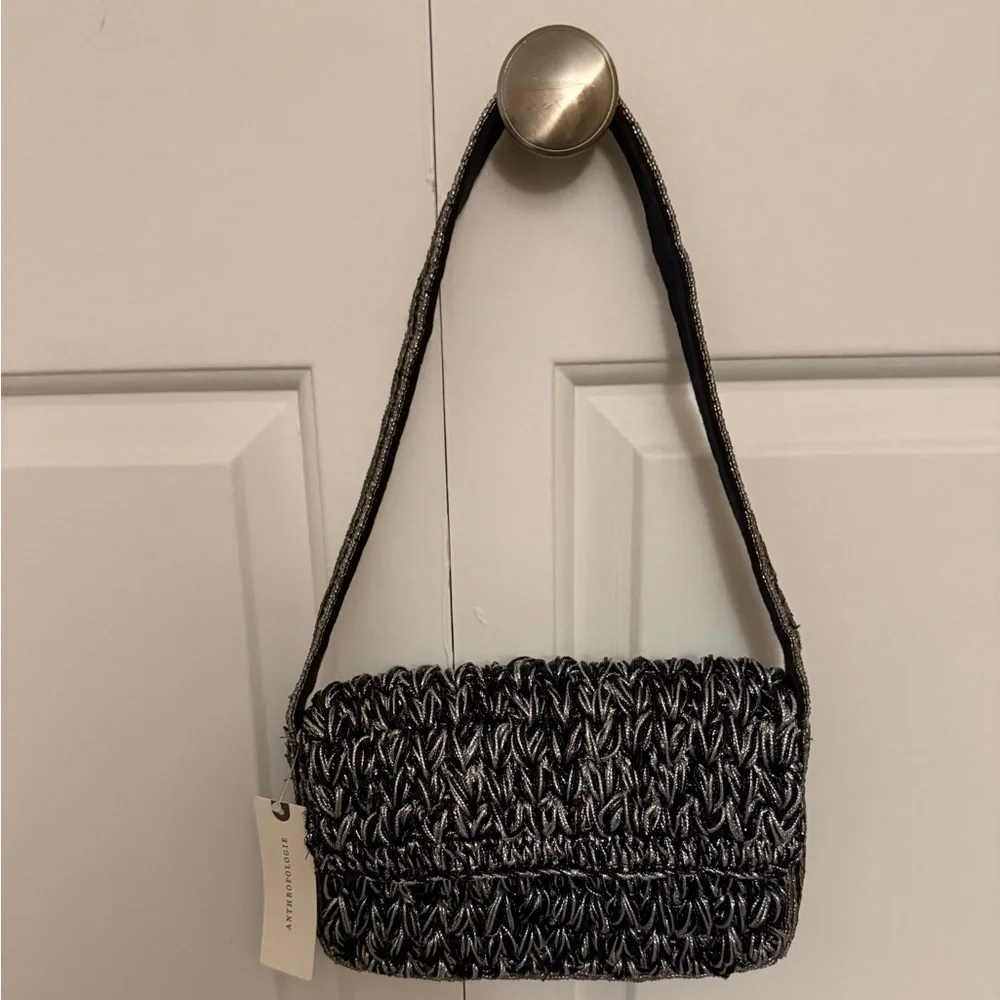 Anthropologie Maeve Fiona Crochet Beaded Bag Black & Silver - Picture 3 of 12
